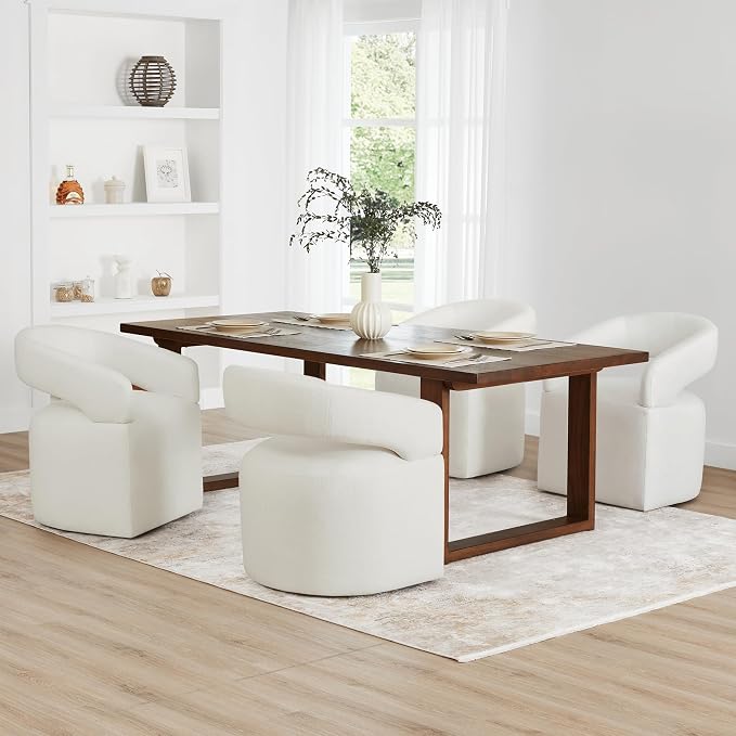 KISLOT Upholstered Dining Chairs Set of 2, Modern Rolling Dining Chairs with Hidden Casters, Arm Kitchen Chairs with Linen Look Fabric, Padded Barrel Chairs for Dining Room, Kitchen, Bedroom, Ivory