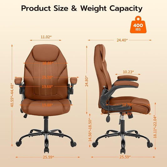 Ylzyxal Office Desk Chair, Ergonomic Computer Chair with Padded Flip-Up Arms and Adjustable Lumbar Support, PU Leather Executive Chair with Tilt Lock and 360° Swivel Rolling Wheels for Work, Study