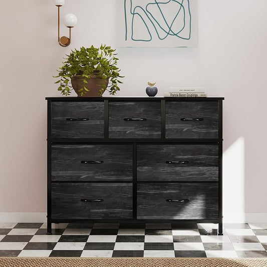 OLIXIS 7 Drawers Dresser for Bedroom, Fabric Storage Tower for Living Room, Entryway - Sturdy Steel Frame, Wooden Top and Easy Pull Fabric Bins, Closet Chests Organizer for Clothes,Black Wood Grain