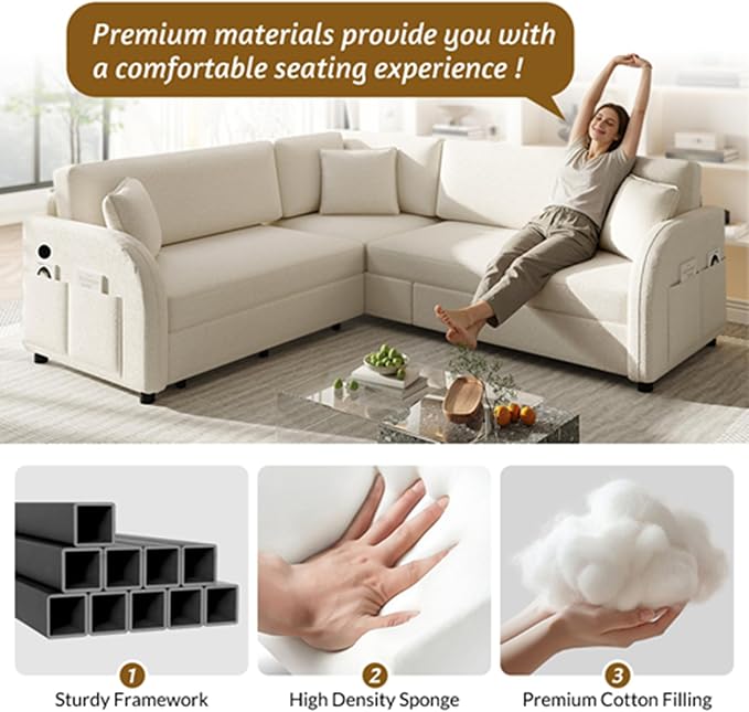 85.1" L-Shaped Pull Out Sofa Bed – Oversize Convertible Sleeper Couch with USB Ports & Side Storage, Teddy Upholstered Sectional for Living Room & Bedroom, Beige White