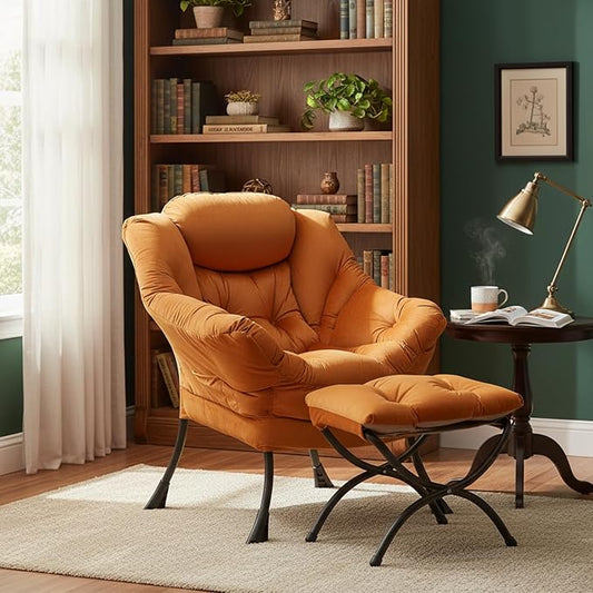 Welnow Orange Lazy Chair with Ottoman, Modern Accent Chair with Armrests and a Side Pocket, Leisure Sofa Armchair, Reading Armchair with Footrest for Small Space, Corner Chair