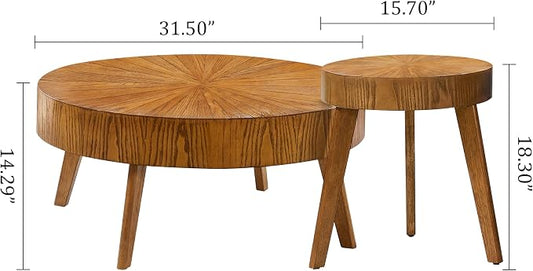 Nesting Round Oak Wood Coffee Table Set of 2 for Living Room - Wooden Circle Coffee Table & End Table Side Tables for Apartment (Espresso,31x31x14 in)