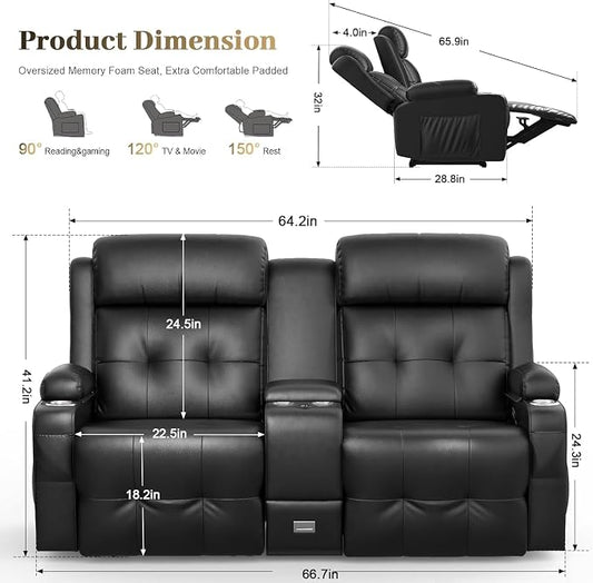 Reclining Loveseat, 1 Massage Loveseat Recliner Sofa Heavy Weight Capacity, RV Love Seat Clearance with Console, USB, Type C Port, Storage, Cup Holders, 2 Single Power Recliner Chairs Heat & Massage