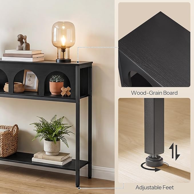 HOOBRO Narrow Console Table, Entryway Table with 3-Tier Storage, Sofa Table, Behind Couch Table with Arched Design for Living Room, Entrance, Hallway, Black BB106XG01