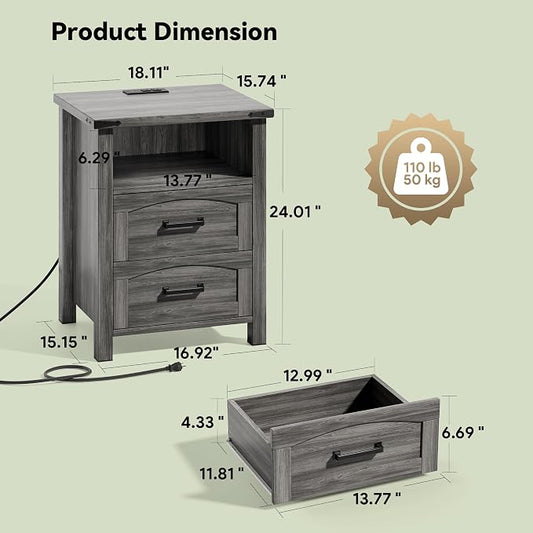 Decofy Farmhouse Nightstand with Charging Station, 18'' Wide Rustic End Table with USB/Type-C Ports, 2 Drawers & Open Shelf, Wood Bedside Table for Bedroom, Grey Oak