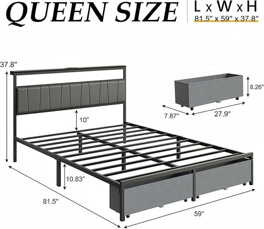 Queen Bed Frame with Storage Drawers and Charging Station, Grey | Upholstered Platform Bed with LED Lights, Headboard Storage Shelf, Noise Free, Metal Support, No Box Spring Needed