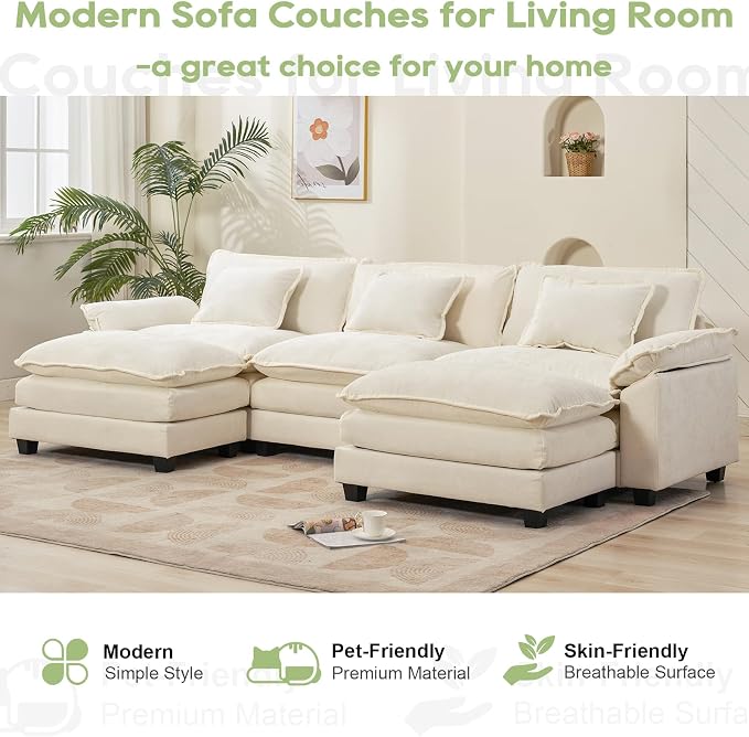 Oprisen 120" Modular Sectional Sofa, Comfy Cloud Couch Sectional Sofa with Ottoman, Chenille Sofa Sleeper Deep Seat Sofa with Throw Pillows for Living Room (Beige White, 120"- U Shape)