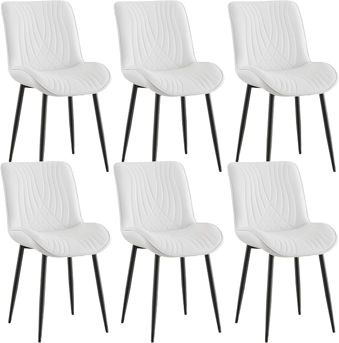 VECELO Dining Chairs Set of 6, Modern Upholstered Faux Leather Cushion Seat and Metal Legs for Kitchen, Living Room, White