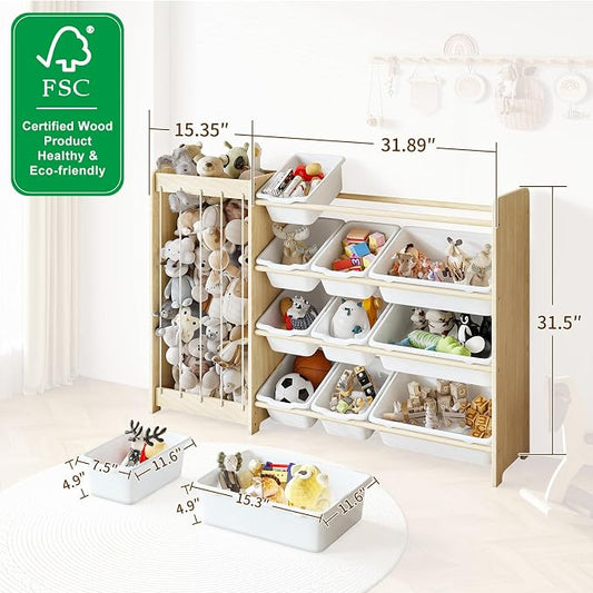 EXPERLAM Kids Toy Storage Organizer, 2-in-1 Stuffed Animal Storage & Toy Organizer w/12 Bins, Solid Wood Toy Rack Featuring Thicker Elastic Ropes to Hold Toys, Playroom Nursery Bedroom Storage, White
