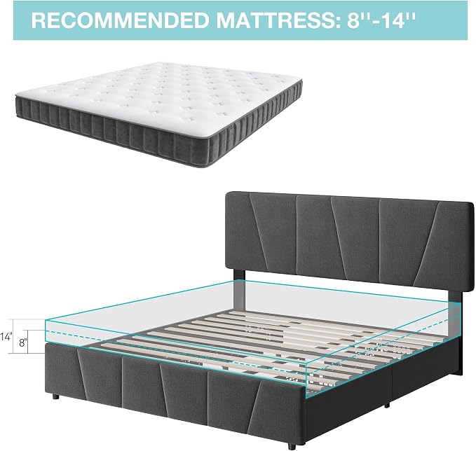 King Size Bed Frame with Upholstered Headboard & 4 Storage Drawers with Wheels, Platform Bed Frame with Wooden Slat Support, Adjustable Headboard, No Box Spring Needed, Noise-Free, for Bedroom