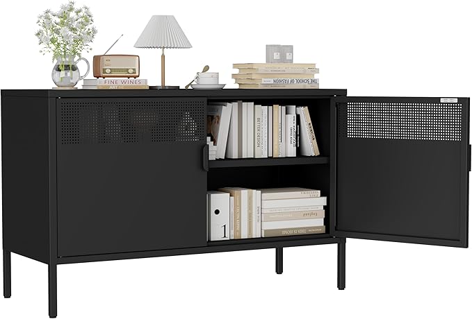 Black 25" H Metal Storage Cabinet, Metal TV Stand with Adjustable Shelf, 2 Door Accent Cabinet, 2-Tier Low Cabinet with Vent Hole, Storage Cabinets for Entryway, Home Office, Music Studio
