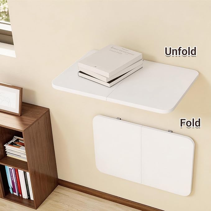 Neoaider Wall Mounted Folding Desk 23.6” x 15.7”, White | Drop Down Table with Metal Collapsible Brackets, Folding Wall Table for Small Spaces, Home, Office, Kitchen, Laundry Room