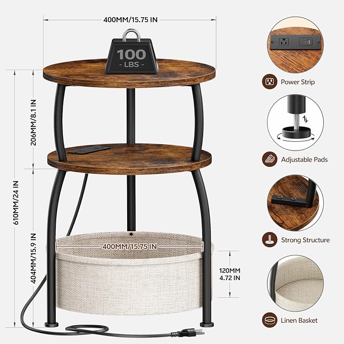 Round Side Table with Charging Station, USB Type C Port, Brown | Small Table with Basket, 3 Tiers Sofa Couch Table, Bedside Table for Living Room Bedroom, Garden,Small Spaces, 15.75in