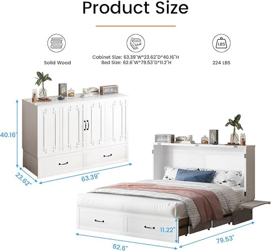 PUREMIND Queen Murphy Bed with Mattress Included, Solid Wood Cabinet Bed with Storage Drawer, USB Charging Ports and Folding Tray, Space Saving Hideaway Murphy Beds Cabinet for Guest Room