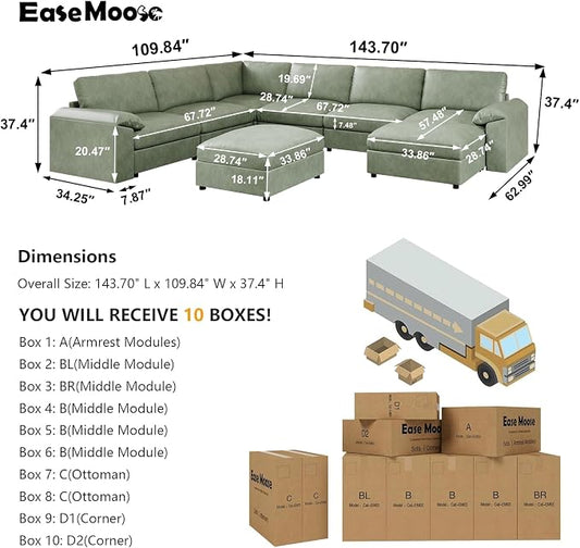 EASE MOOSE Faux Leather Sectional Couch with Ottoman, Oversized Modular Sofa, Vintage Comfy Modular Couch, Scratch Resistant Material Sofas, U Shaped Couch for Living Room, Green