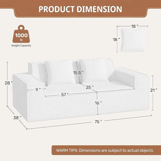 75'' Cloud Loveseat Sofa, No Assembly Required Comfy Deep Seat Couches 1 pcs for Living Room, Bedroom, Apartment(Teddy Fabric-Beige)