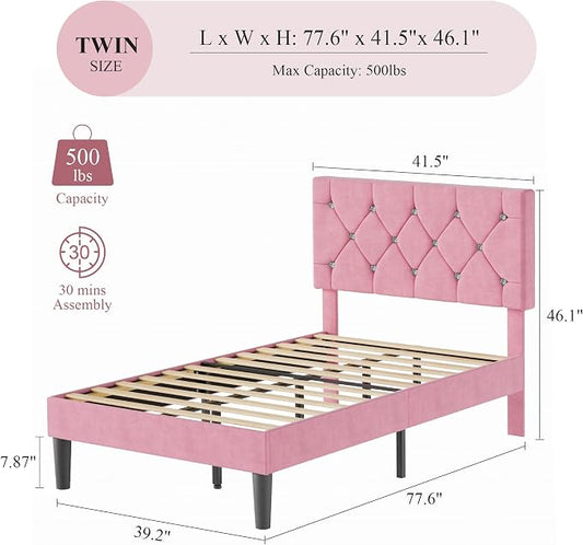 VECELO Twin Size Bed Frame with Diamond Tufted Headboard, Upholstered Platform Bedframe with Wood Slat Support, No Box Spring Needed, Velvet & Pink