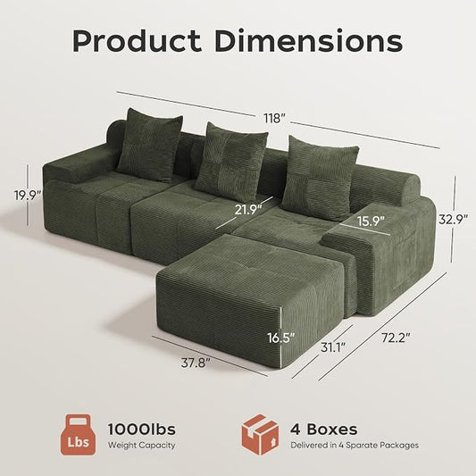 118" Sectional Boneless Oversize Modular Couches, Curved Cloud Sectional Sofa for Living Room, Corduroy L Shape Deep Seat Sofa with Ottoman & 3 Throw Pillows, No Assembly Required,Green