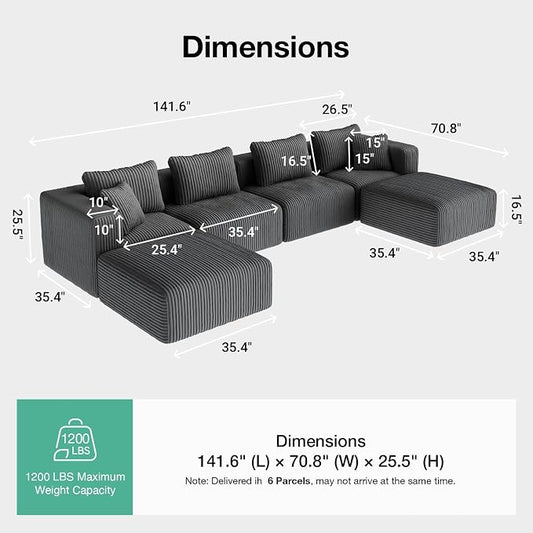 Novilla 141" Modular Sectional Sofa, Modern Cloud Sectional Couch with Smarts Coil® Support, U-Shape Boneless Couch for Living Room Apartments, No Assembly Required, Dark Gray (4 Seat w/ 2 Ottoman)