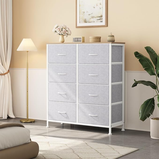 Sweetcrispy 8 Drawer Fabric Dresser for Bedroom, Tall Dresser, Light Grey | Chest of Drawers with Sturdy Steel Frame and Wooden Top, Closet Living Room Storage Organizer with Easy Pull Handles