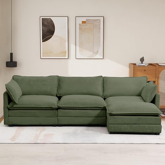 112'' Sectional Modular Cloud Couch, Oversized L Shaped 3 Seat Sofa with Movable Ottomans, 2 Throw Pillows, Upholstered Corduroy L Shape Comfy Deep Couches for Living Room and Office, Green