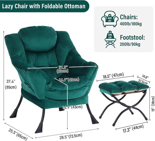 Furlide Lazy Chair with Ottoman, Modern Accent Chairs with Folding Footrest, Velvet Dark Green Sofa Chair Set, Reading Chairs, Oversized Armchairs for Bedroom, Study, Living Room, Courtyard