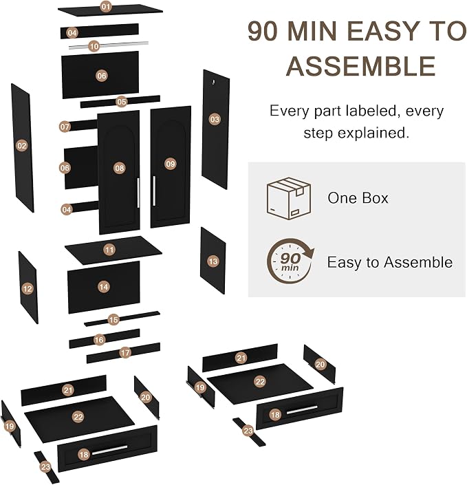 Einhomn Wooden Armoire Wardrobe Closet with 2 Doors and 2 Drawers,Freestanding Armoire Storage Cabinet with Shelves,Tall Clothing Storage Cabinet Suitable for Bedroom,Black