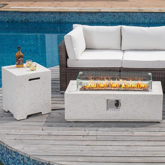 COSIEST 2-Piece Outdoor Propane Fire Pit Table Set w Tank Table, 42" Terrazzo Rectangle Fire Table (Certified, 50,000 BTU) w 16" Tank Cover Side Table, Wind Guard, Rain Cover for Garden, Pool