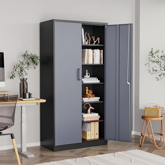Metal Garage Cabinets, 72" Tall Locking Storage Cabinets with 2 Doors and 5 Adjustable Shelves, Steel Utility Tool Cabinet, Lockable Outdoor Storage Cabinet for Pantry, Garage, Home Office