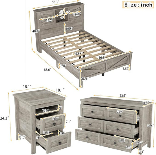 Farmhouse 3-Pieces Bedroom Sets, Full Size Wood Platform Bed with Nightstand and Dressing Table, Full Beds Frame with Double Sliding Door Headboard and Charging Station (Gray, Full)