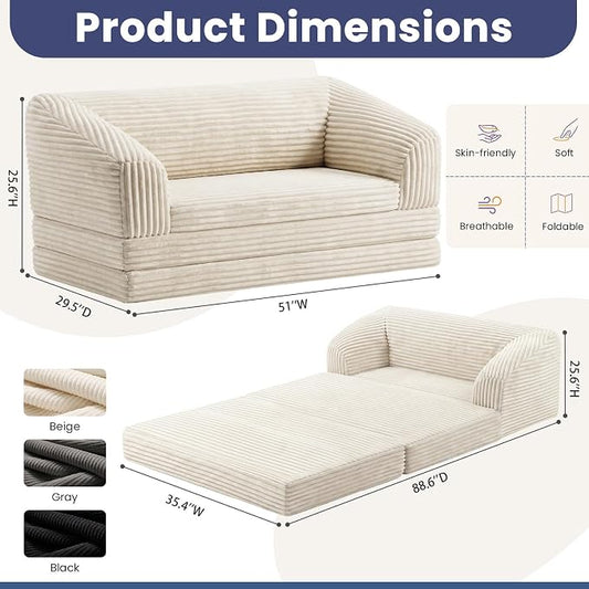 JUIKURY Convertible Sofa Bed, 3-in-1 Foldable Loveseat Couch with Armrest, Corduroy Floor Sofa & Sleeper Bed, No Assembly High-Density Foam Futon Mattress for Living Room, Small Apartment, Dorm