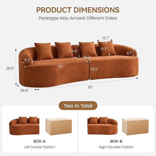 110" Boneless 4 Seater Sofa Couch, Modern Oversized Curved Cloud Sofa, Chenille 4-Seater Deep Seat Sectional Couches for Living Room, No Assembly, Orange