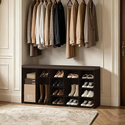 DINZI LVJ Shoe Storage Bench, 20-Cubby Shoe Rack Bench with Cushion, Fully Adjustable Shelves, Shoe Organizer for Closet, Entryway, Mudroom, Hallway and Garage, Espresso