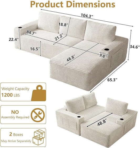 104" Cloud Sectional Couch L-Shaped with Side Pockets Cup Holders, Corduroy Boneless Couch for Living Room,Upholstered Deep-Seat Modular Sectional Sofa,No Assembly Required (White,Right Facing Chaise)