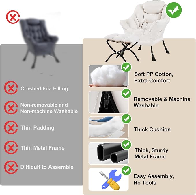Furlide Lazy Chair with Ottoman, Modern Accent Chair with Armrests and a Side Pocket, Beige Accent Chairs, Reading Chairs, Oversized Armchairs for Bedroom, Study, Living Room, Courtyard