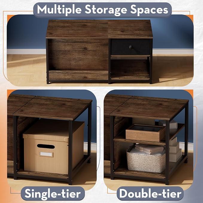 SINPAID Coffee Table with Storage, Rectangular Coffee Tables for Living Room, Farmhouse Coffee Table with Hidden Storage Compartment and Adjustable Shelves, Walnut