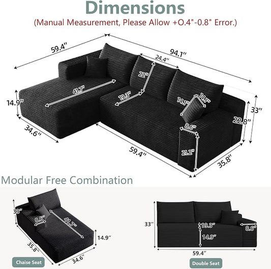 95" Modular Sectional Sofa, Modern Corduroy Cloud Couch with Side Pockets, Boneless Couch Upholstered 3-Seater L-Shaped Sofa for Living Room, No Assembly Required (Black,Left-Facing Chaise)