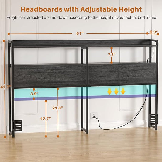 Aheaplus Headboard for Queen Size Bed Frame, Headboards with Outlets, USB Ports and LED Light, Head Board with Storage, Height Adjustable, Sturdy and Stable Headboard, Queen Size, Black Oak