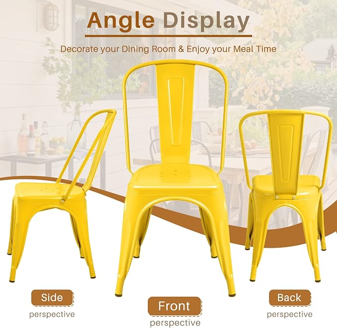 Furmax Metal Dining Chair Indoor Outdoor Use Stackable Classic Trattoria Chair Chic Dining Bistro Cafe Side Metal Chairs Set of 4 (Yellow)