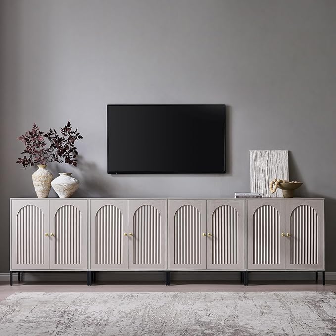 IFGET Modern Buffet Cabinet with Storage, 123.5" W Fluted Arched Sideboard Cabinet w/Adjustable Shelves, Wooden Modular Coffee Bar for Dining Room, Kitchen, Living Room, Entryway, Light Grey