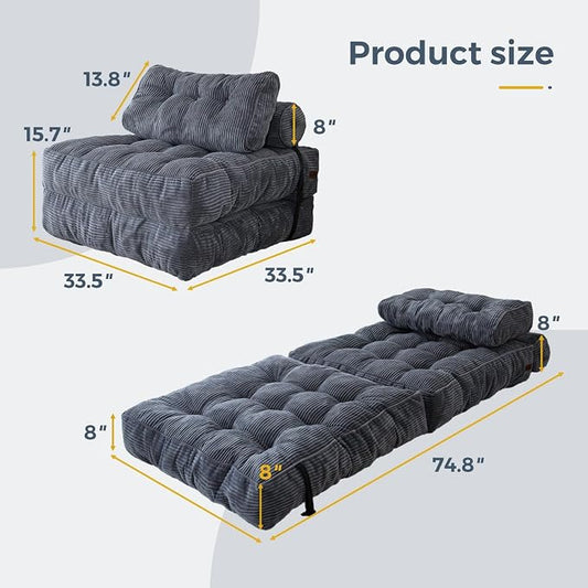 MAXYOYO Folding Sofa Bed, Convertible Chair with Pillow Foldable Couch with Back Support, Portable Fold Out Chair Bed Comfy Floor Sofa Lounge for Living Room Bedroom, Dark Grey, Single