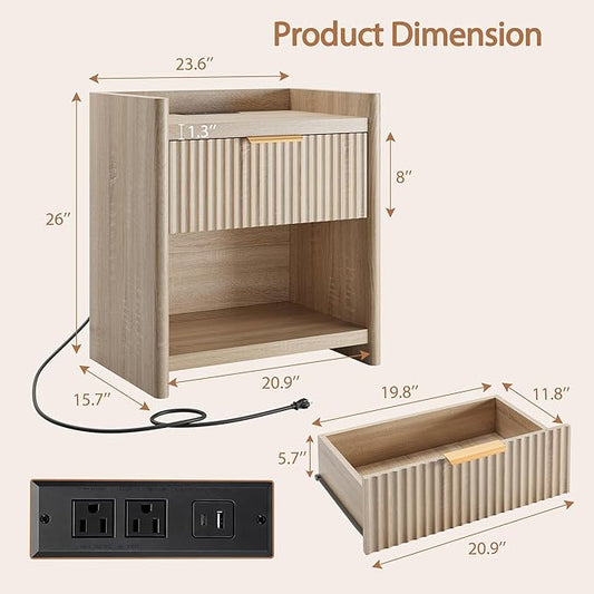 25.9" Fluted Nightstand with Charging Station, Large Modern Bedside Table with Storage Drawer and Metal Handle,End Table for Bedroom, Home Office(1 Pack, Natural Oak)