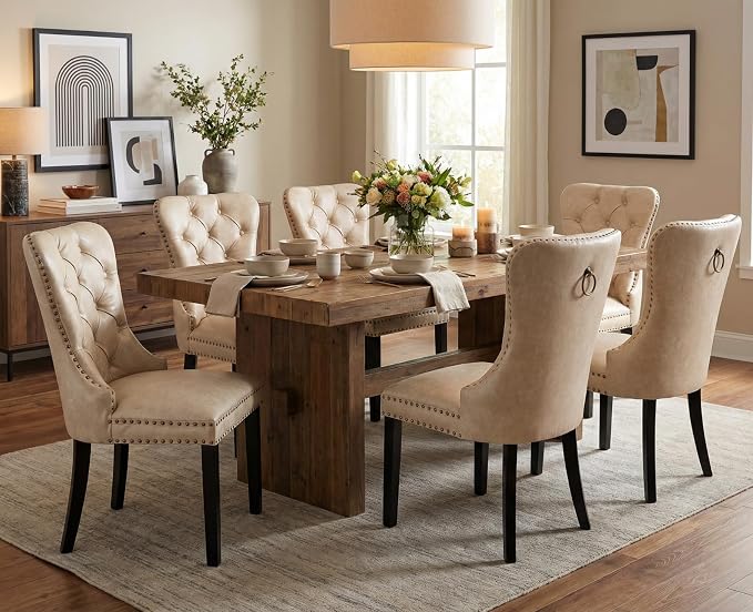 CIMOTA Beige Leather Dining Chairs Set of 6 Mid Century Modern Dining Room Chairs Tufted Upholstered Kitchen Dining Chairs Comfortable Side Chairs with Nailhead Trim/Ring Back (PU /6PCS)