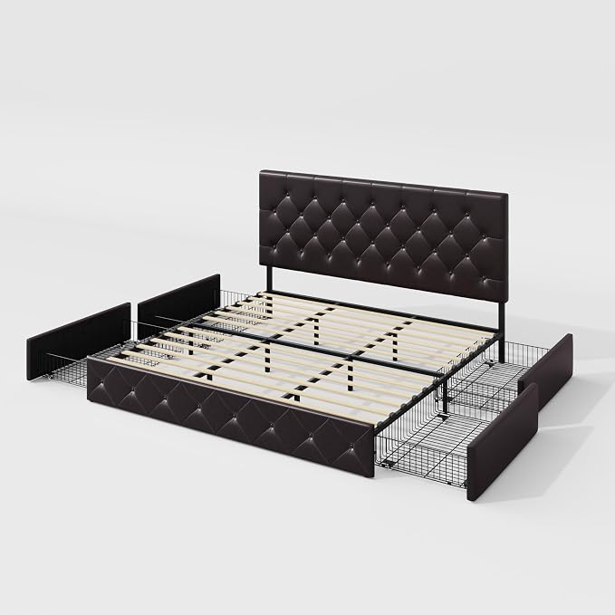 Allewie Upholstered King Size Platform Bed Frame with 4 Storage Drawers and Headboard, Diamond Stitched Button Tufted, Mattress Foundation with Wooden Slats Support, Black Brown