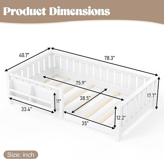 Bellemave Twin Size Montessori Floor Bed with Slats and Fence, Twin Size Montessori Bed with Rails and Bookcase, Easy Assemble Floor Beds Frame, White