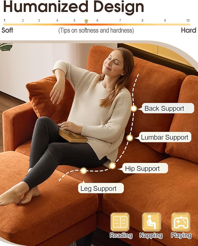 Karl home 99.6" 3-Seat U-Shaped Sectional Sofa, Orange | Chenille Upholstered, 2 Movable Ottomans, Cloud-Like Seat, 2 Throw Pillows, Comfy Deep Seat, Living Room, Apartment, Office