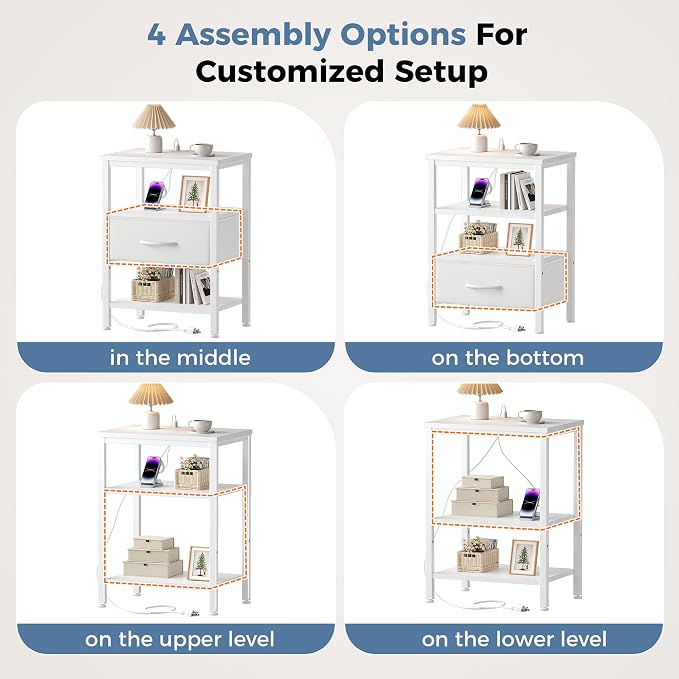 DUMOS 3-Tier Storage, Bed Side Tables with Wireless Charging Station, End Tables with Adjustable Fabric Drawers, Nightstand Set of 2, Modern Design, White