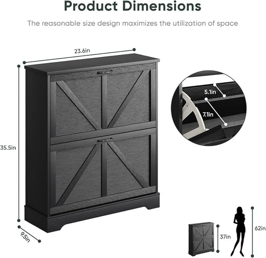 Smart FENDEE Shoe Cabinet, Shoe Storage Cabinet for Entryway with 2 Flip Drawers, Narrow Farmhouse Shoe Organizer Cabinet, Slim Shoe Rack Cabinet, 31.5in Black