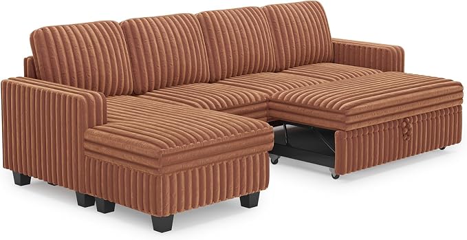 Belffin Modular Sectional Sofa with Storage Chaise Corduroy Sleeper Sofa with Pull Out Bed L Shaped Couch for Living Room. Apartment Couch. Brick-red