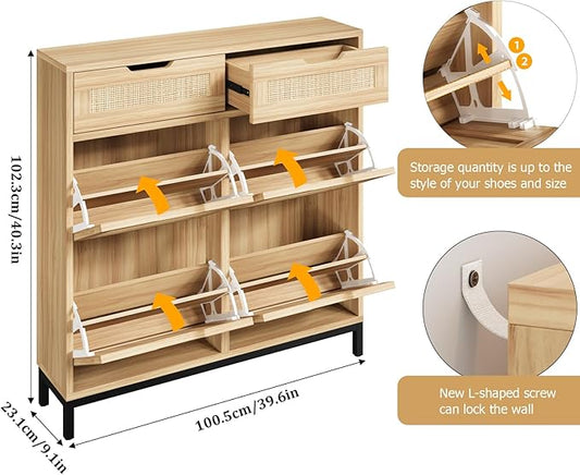 Jocoevol Rattan Shoe Cabinet for Entryway, Boho Shoe Storage Cabinet with 4 Flip Drawers and 2 Drawers, Narrow Freestanding Shoe Rack with Metal Legs for Entryway/Hallway/Foyer (Natural)
